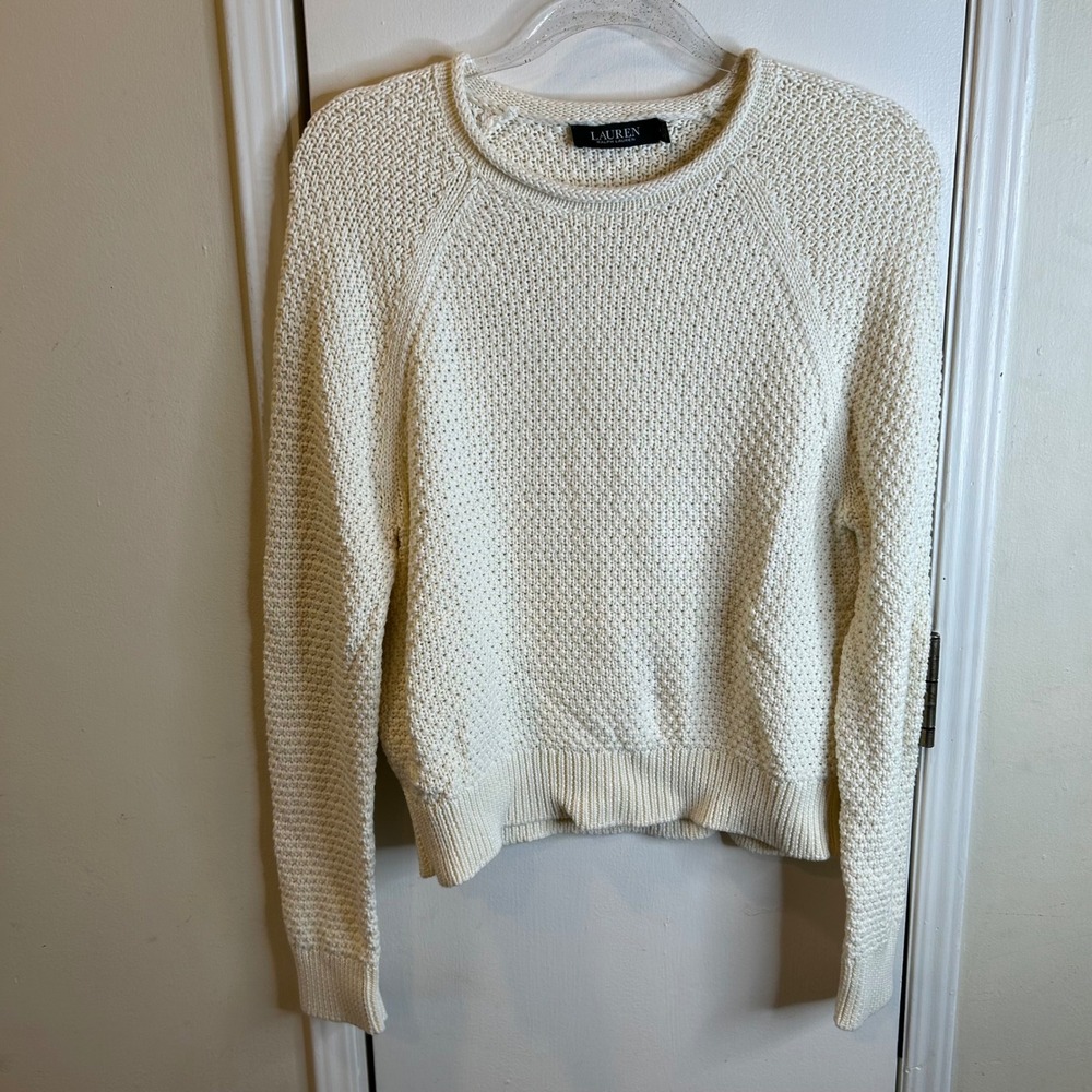 Lauren Ralph Lauren Cream Cotton Basketweave Knit Crewneck Sweater Womens Medium